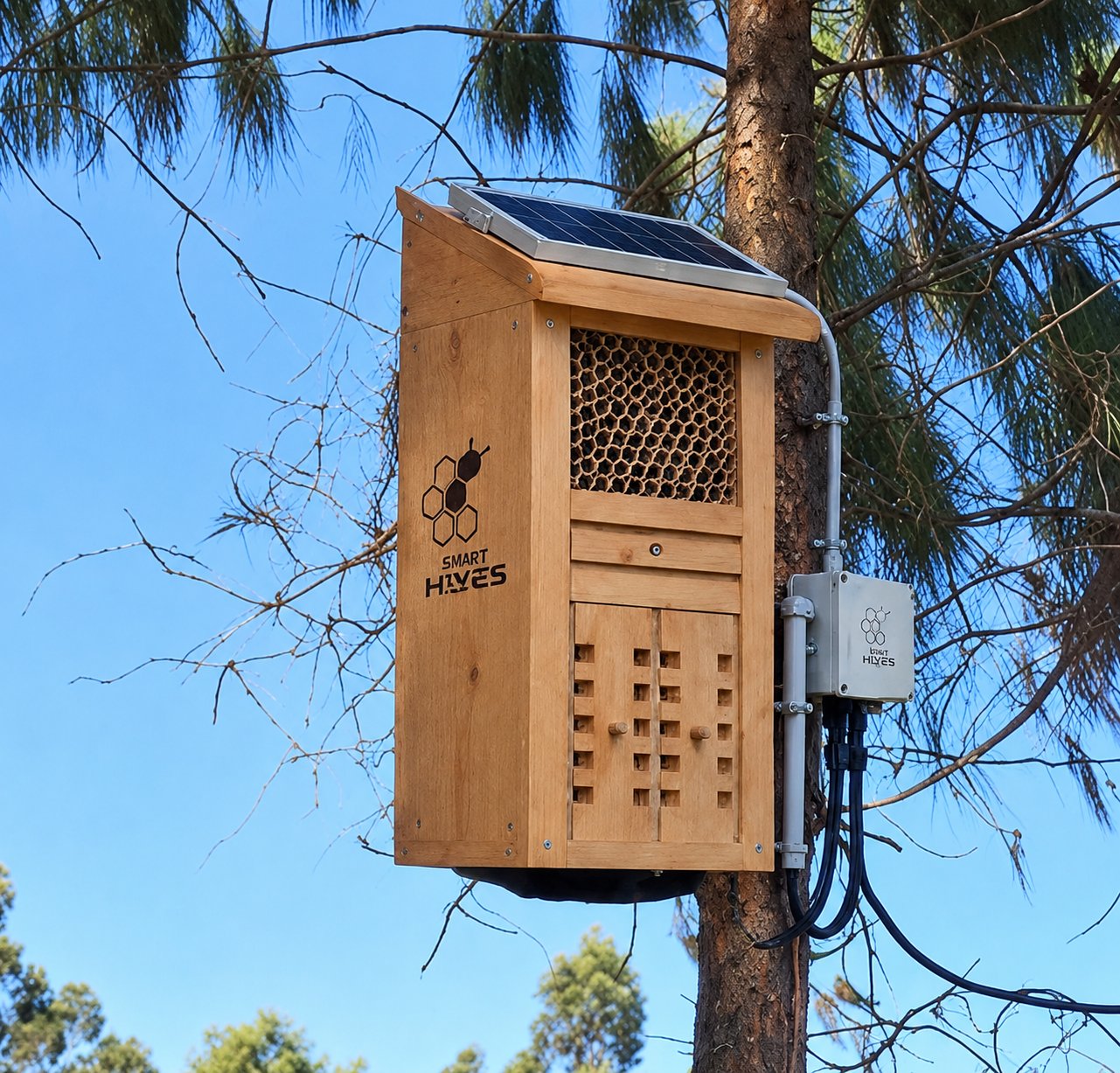 Solar panel and sensor control unit on a Smart Hives Mason Bee House
